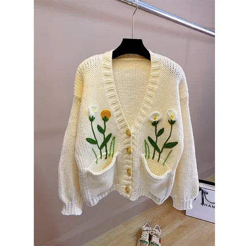 Kalamet Women Handknit Floral Vintage Apricot Cardigan Autumn Winter Knit Top with Pocket Women Sweater Clothes Knitwear C0906