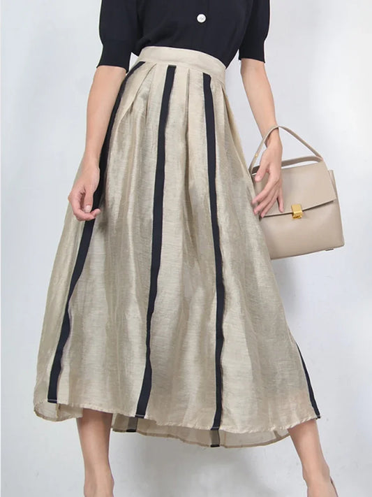 KALAMET A-LINE Pleated Striped Linen Blended Skirt