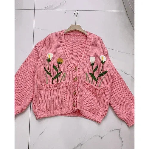 Kalamet Women Handknit Floral Vintage Apricot Cardigan Autumn Winter Knit Top with Pocket Women Sweater Clothes Knitwear C0906