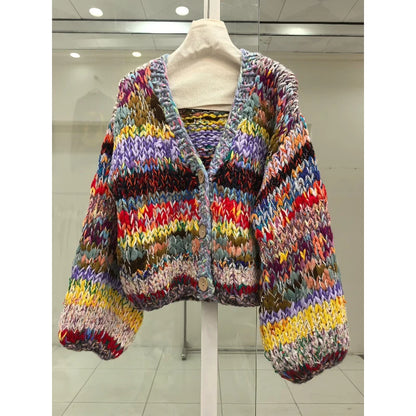 Artisan Hand-Knit Multicolor Chunky Cardigan