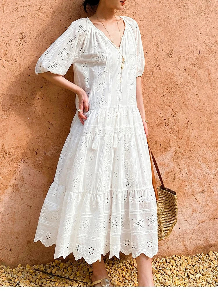 White Embroidered Eyelet Midi Dress by Kalamet - product image 2