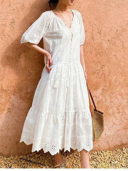 White Embroidered Eyelet Midi Dress by Kalamet - product image 2