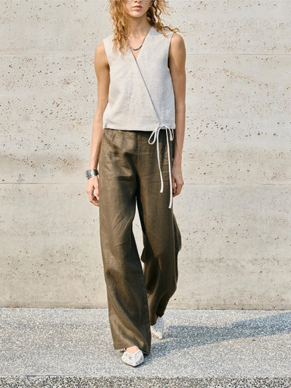 Wrap Front Linen Sleeveless Top