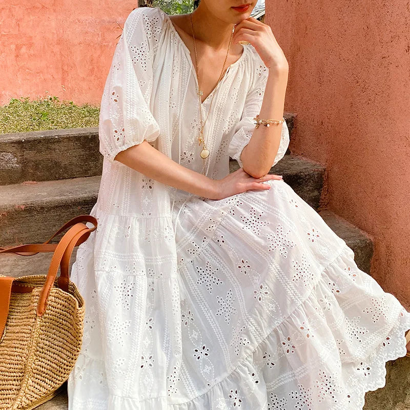White Embroidered Eyelet Midi Dress by Kalamet - product image 7