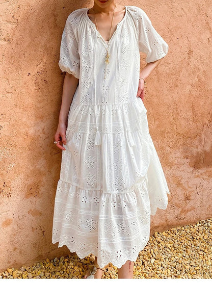 White Embroidered Eyelet Midi Dress by Kalamet - product image 3