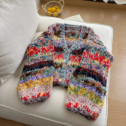 Artisan Hand-Knit Multicolor Chunky Cardigan