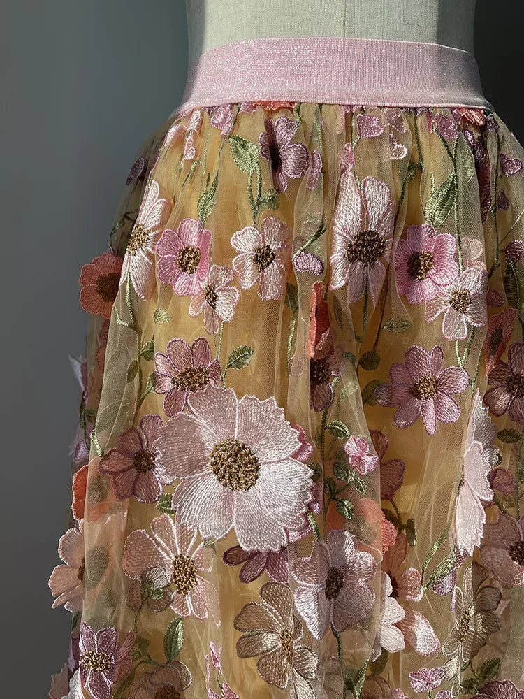 Luxury High Waist Floral Pleated Tulle Skirt