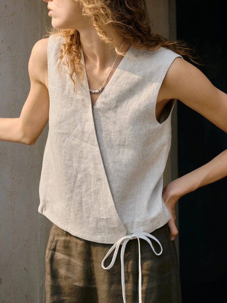 Wrap Front Linen Sleeveless Top