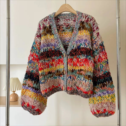 Artisan Hand-Knit Multicolor Chunky Cardigan