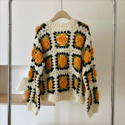 Hand-Crocheted 3D Floral Granny Square Cardigan