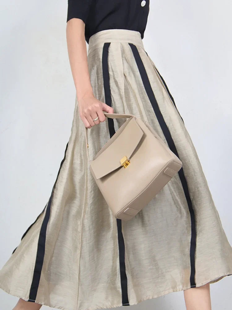 KALAMET A-LINE Pleated Striped Linen Blended Skirt