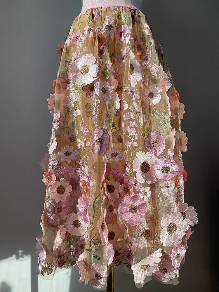 Luxury High Waist Floral Pleated Tulle Skirt