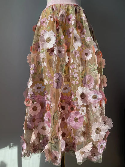 Luxury High Waist Floral Pleated Tulle Skirt