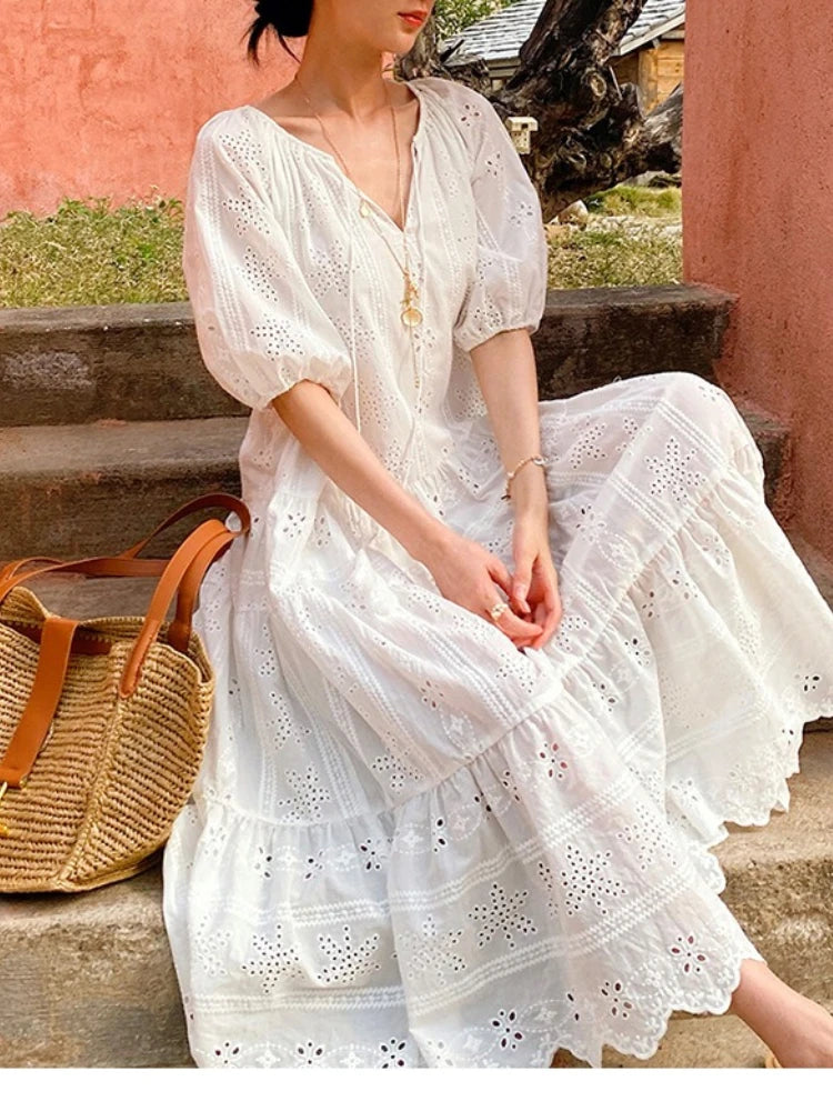 White Embroidered Eyelet Midi Dress by Kalamet - product image 1