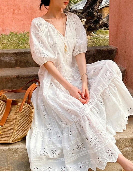White Embroidered Eyelet Midi Dress by Kalamet - product image 1
