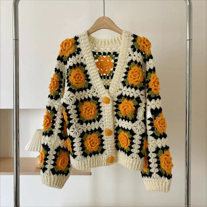 Hand-Crocheted 3D Floral Granny Square Cardigan
