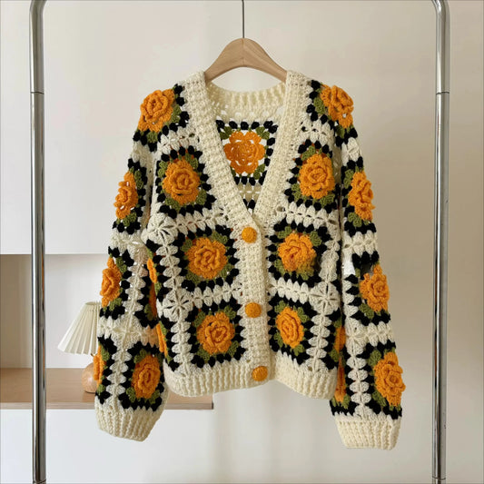 Hand-Crocheted 3D Floral Granny Square Cardigan