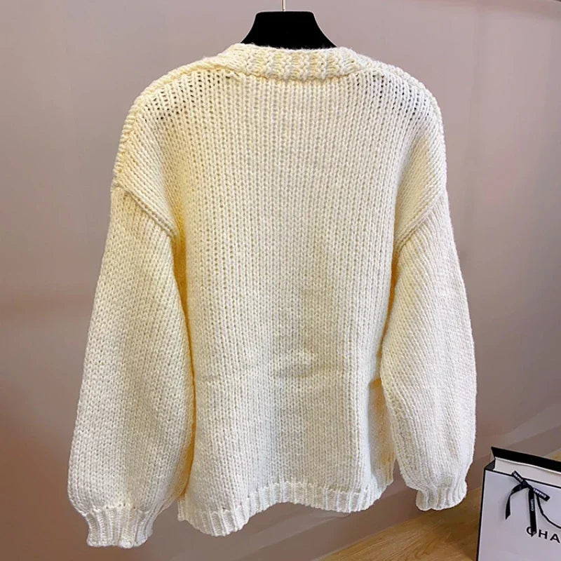 Kalamet Women Handknit Floral Vintage Apricot Cardigan Autumn Winter Knit Top with Pocket Women Sweater Clothes Knitwear C0906