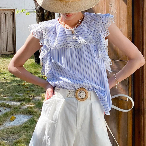 Striped Lace Trim Ruffle Blouse by Kalamet - product image 1