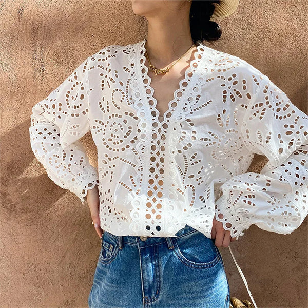 V-Neck Embroidered Eyelet Blouse by Kalamet - product image 1