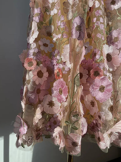Luxury High Waist Floral Pleated Tulle Skirt