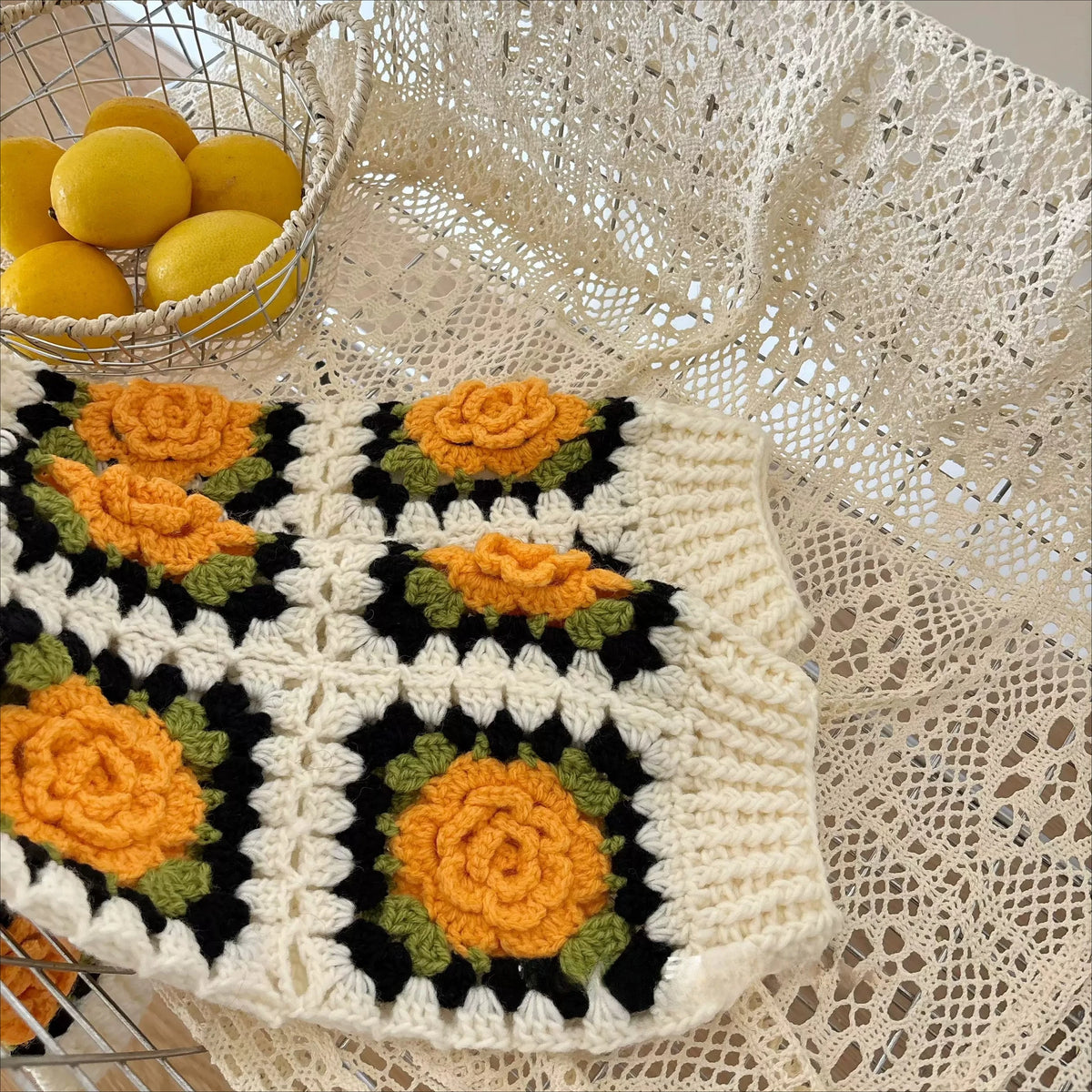 Hand-Crocheted 3D Floral Granny Square Cardigan