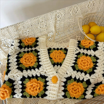 Hand-Crocheted 3D Floral Granny Square Cardigan