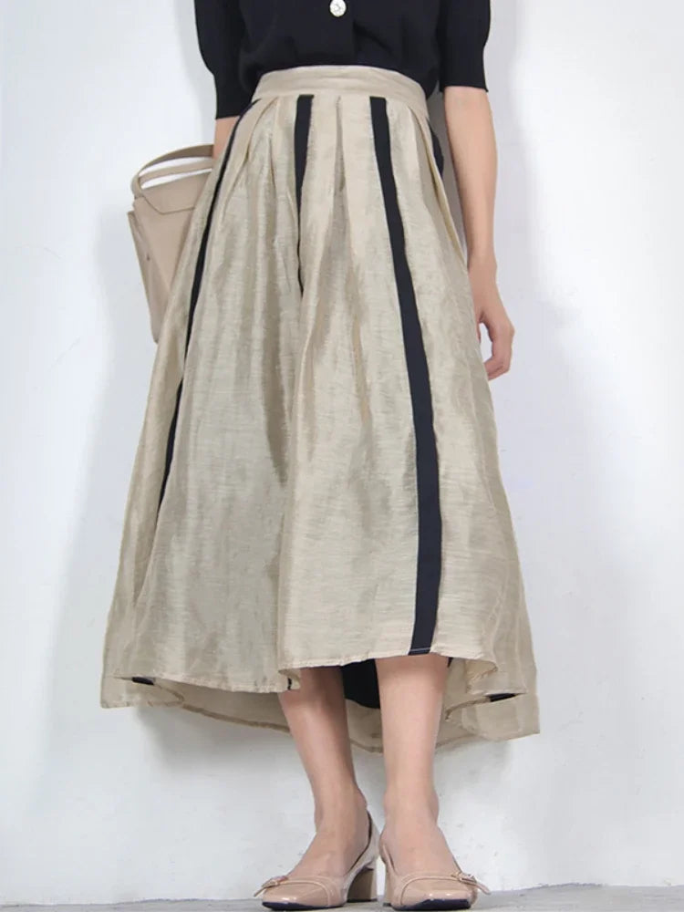 KALAMET A-LINE Pleated Striped Linen Blended Skirt