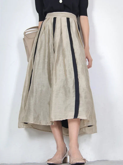 KALAMET A-LINE Pleated Striped Linen Blended Skirt