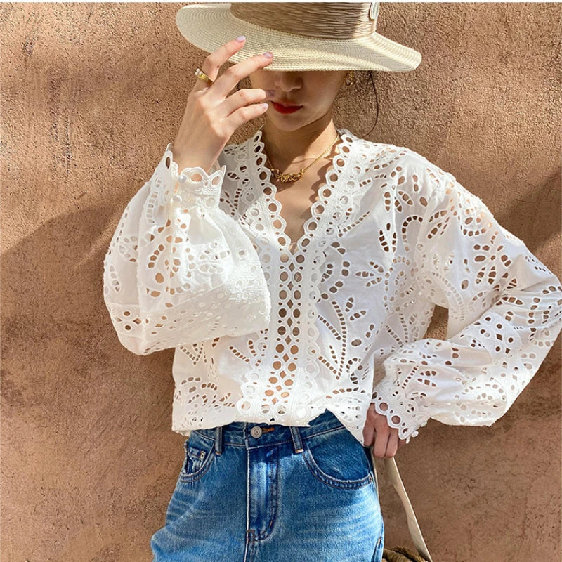 V-Neck Embroidered Eyelet Blouse by Kalamet - product image 6