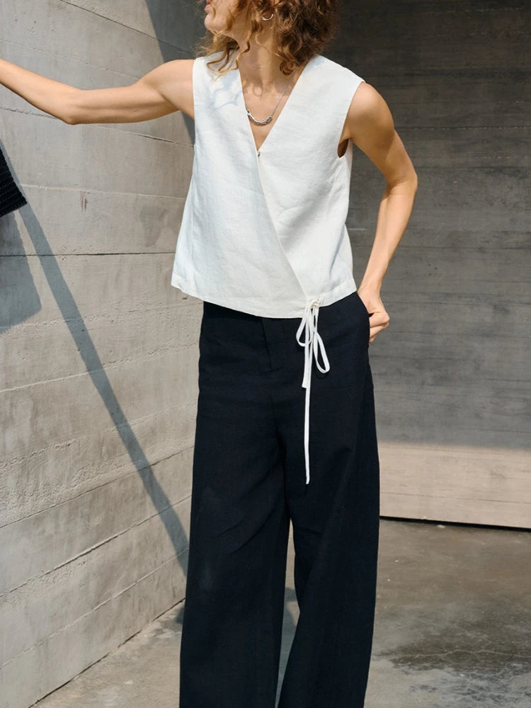 Wrap Front Linen Sleeveless Top
