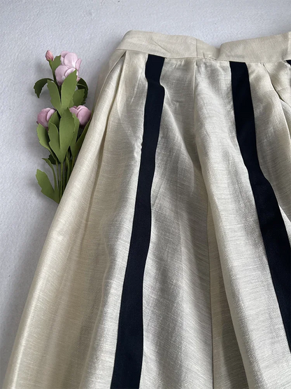 KALAMET A-LINE Pleated Striped Linen Blended Skirt