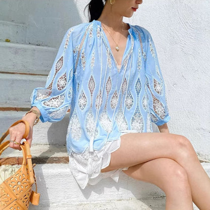 Blue Bohemian Cutout Embroidered Blouse by Kalamet - product image 2