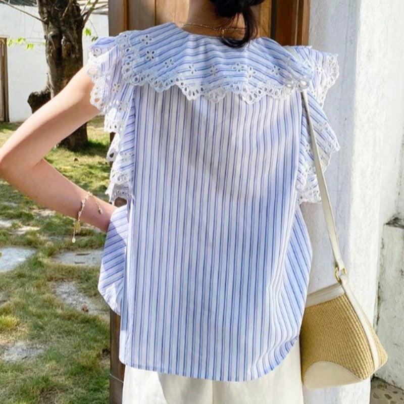 Striped Lace Trim Ruffle Blouse by Kalamet - product image 3