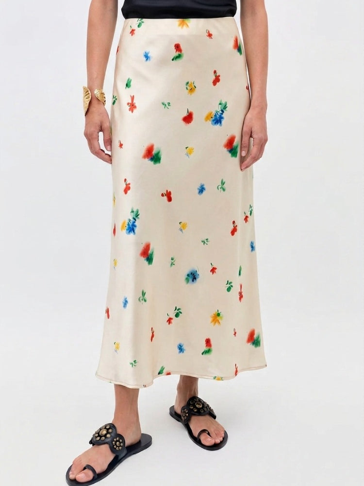 Painterly Floral Satin Bias Midi Skirt