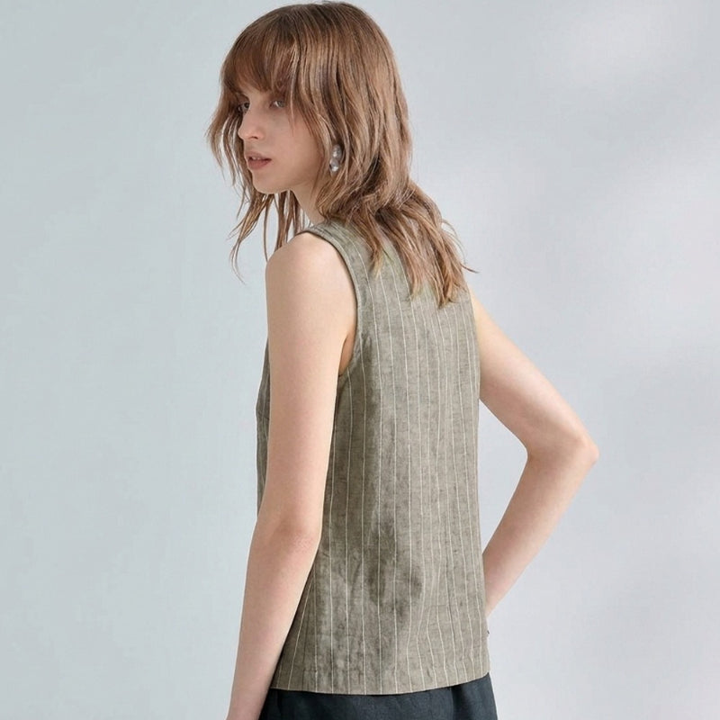 Linen Blend Pinstripe Sleeveless Vest Top