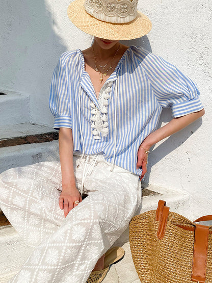 Blue Striped Lace-Up Boho Blouse by Kalamet - product image 3
