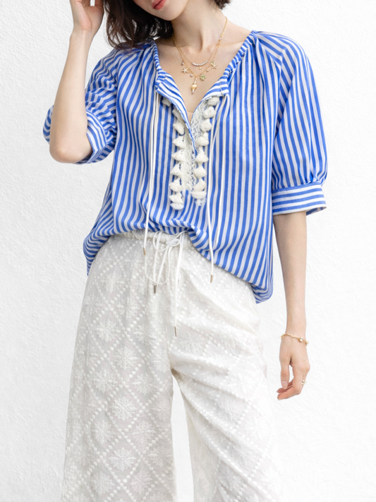 Blue Striped Lace-Up Boho Blouse by Kalamet - product image 1