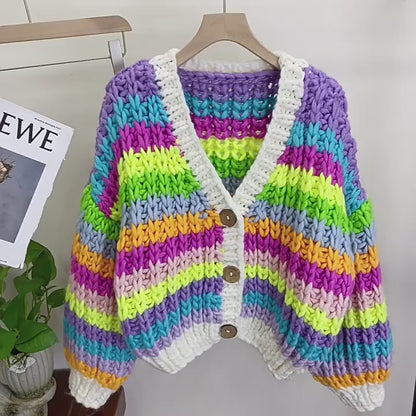 Kalamet Women Handmade Rainbow Colorful Chunky Knit Cardigan K6002